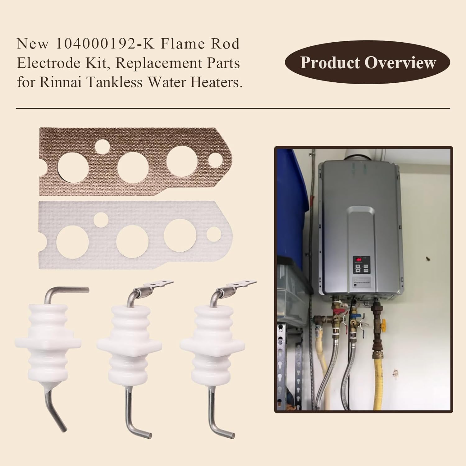 Flame Rod Electrode Kit 104000192-K for Rinnai R75 R94 RC80 RC98 Water  Heaters